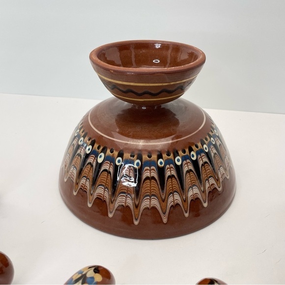 Bulgarian Pottery Pedestal Bowl & 6 Cups - Picture 5 of 13